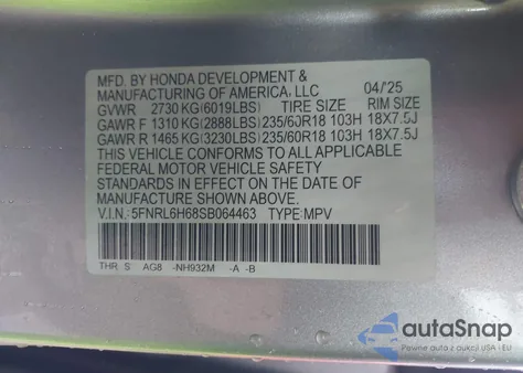 2025 Honda Odyssey Ex-L z USA, uszkodzony, nr VIN 5FNRL6H68SB064463